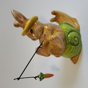 Pier 1 Rabbit on Snail Salt and Pepper Shakers. Rabbit Fishing on Snails Back